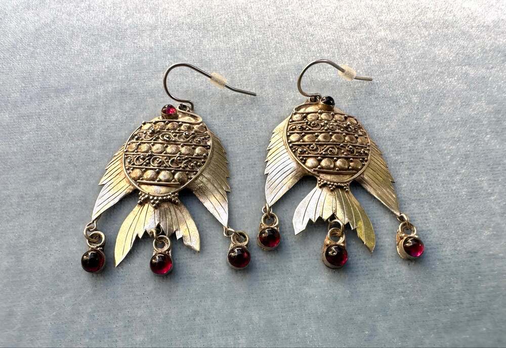 Boho Sterling Silver Red Garnet Cabochon Fish Drop Earrings Textured 925